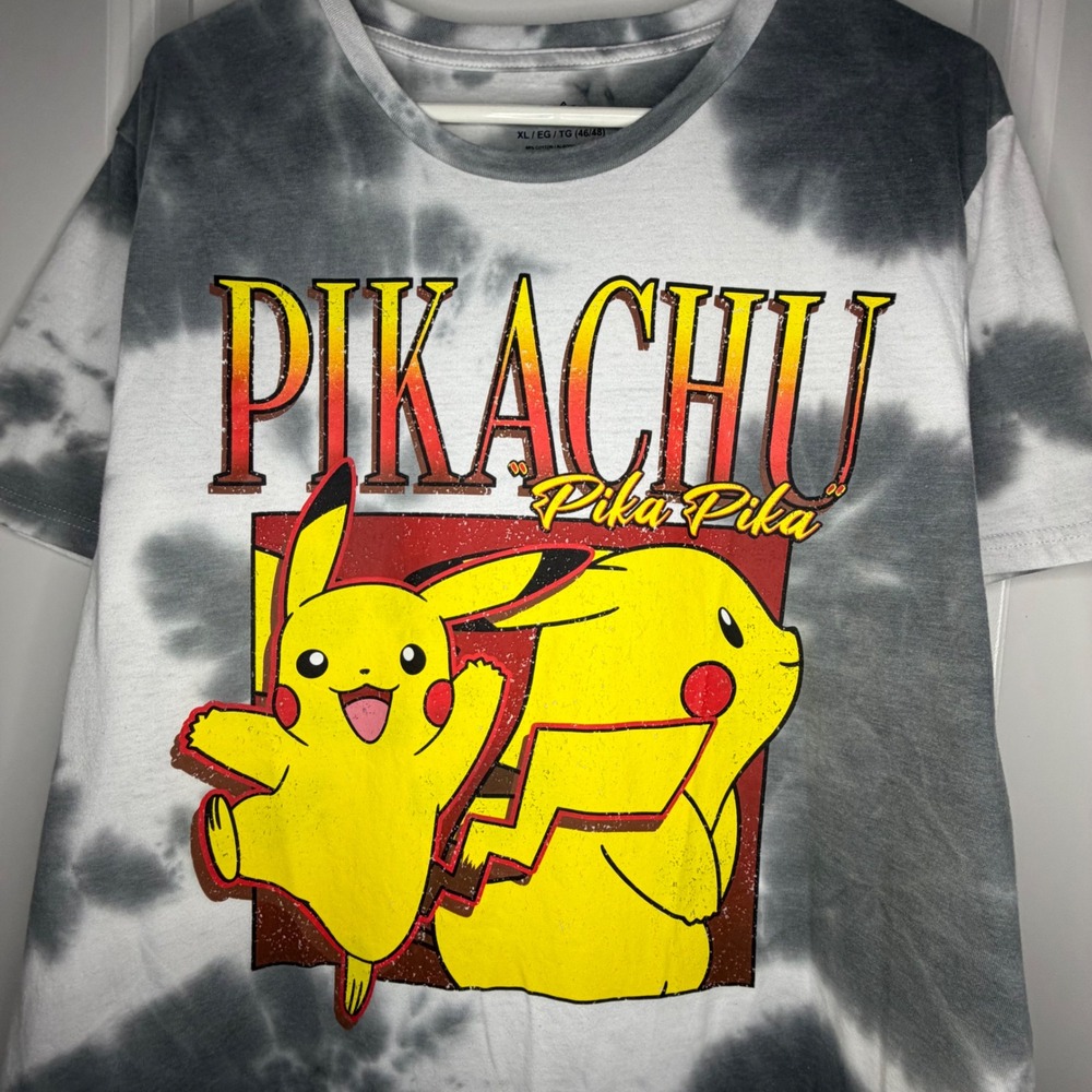 Pokemon Pikachu Tie Dye Grey White Big Graphic T-Shirt Sz Mens XL